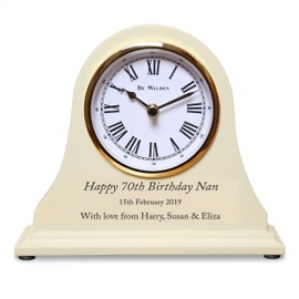 De Walden Girl's 70th Birthday Gift Personalised Engraved Wooden Cream Mantel Clock 70 Years Gift for a Woman 15cm x 18cm