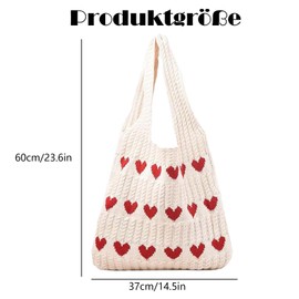Vimmvid Beach Bag, Knitted Shoulder Bag, Tote Bag, Heart Bag, Red Braided Bag, Heart Bag for Work, Travel, School and Shopping, beige