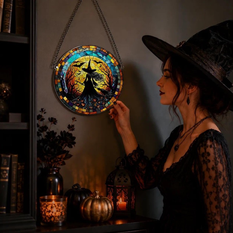 Sun Catchers For Windows, Moon & Witch Gothic Stained Glass