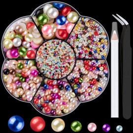 Nail Art Flat Back Half Round Pearl Kits 14, 1 Box of 6000 Pcs Flat-Back Mixed Color Pearl with Tweezer and Picker Pencil for Home DIY Nails Body Face Craft and Salon Use