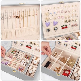 Casiwaft Jewellery Box for Necklaces, Earrings, Bracelets, Rings, Watches, 2 Layers Large PU Leather Travel Jewellery Box with Removable Tray and Large Rivet Plate, Grey