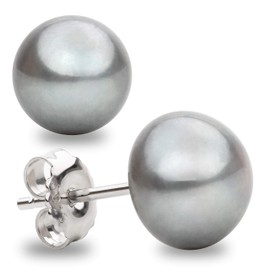 Women's Pearl Earrings Grey Freshwater Cultured Pearls Button Shape Grey Colour Secret & You Pearl Stud Earrings Sterling Silver 925 - Available in 4 Sizes from 8-11 mm, Sterling Silver, Pearl