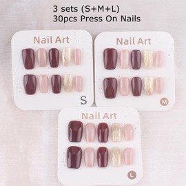 MZCMSL Press On Nails Medium Square | Handmade Wine Red & Light Pink Press On Nails, Glossy False Nails Acrylic, Reusable, Salon Quality Nail Kit, 30pcs(Size-S+M+L)
