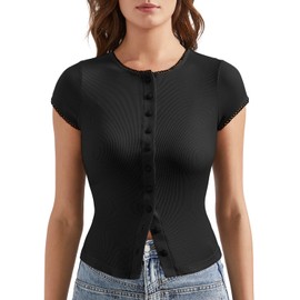 OMKAGI Women Button Down Ribbed Short Sleeve Shirts Fitted Knit Cropped Cardigan Sweaters(L,13-Black)