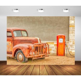 CORFOTO 6x4ft Fabric Old Rusty Truck Backdrop Abandoned Gas Station Photo Background Western Desert Backdrop Cowboys Western Party Decorations Portrait Shooting Photo Booth