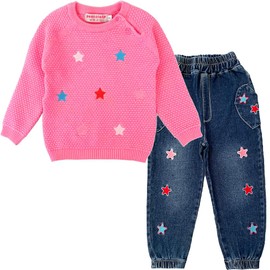 Peacolate Spring Autumn Little Girls 2pcs Clothing Sets Long Sleeve Pink Knit Sweater and Stars Embroidery Jeans(5Years)