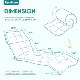 Tycdiose Outdoor Chaise Lounge Chair Cushion Waterproof 74.4 x 22 x 4.7 Inches Memory Foam Lounge Chair Cushions Replacement for Outdoor Furniture with Ties, Thickened Pool Lounge Chair Cushion, Teal