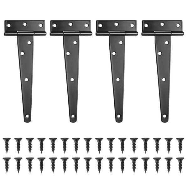 4 Pcs T Hinges, T-Strap Hinges, Metal Heavy Duty Gate Hinges, Tee Hinges with Screws for Sheds, Windows, Fence, Barn Gates Supplies (Black,6 Inch)