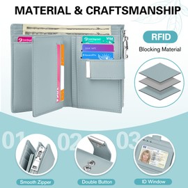 Faneam Ladies Purse RFID Blocking Small Purses for Women Leather Compact Bi-fold Wallet Credit Card Purses with Zipper Coin Pocket, ID Window, 12 Card Slots (Blue)