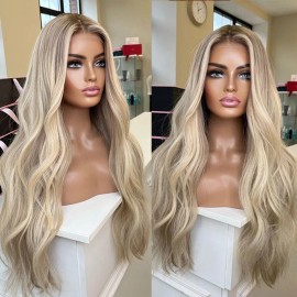 MISSWEN Long Wavy Layered Heat Resistant Hair Ombre Blonde Frontal Lace Wigs Women