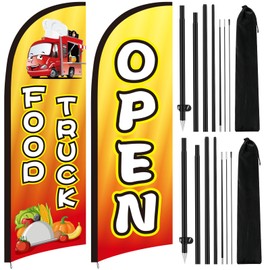 Hillsuren 2 Set Food Truck Advertising Swooper Flag Banner 8.2ft Open Feather Flag with Pole and Ground Stake Advertising Feather Banners Sign for Food Truck Business Outside