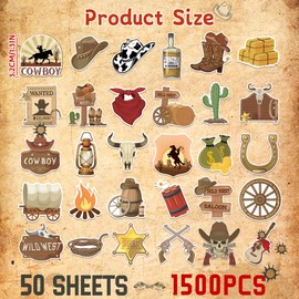 1500Pcs Western Stickers 50 Sheets Country Cowboy Stickers for Adults Waterproof Vinyl Western Themed Hat Boot Sticker for Party Favors Wild West Horse Sticker for Water Bottles Scrapbooking