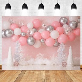 Pink Christmas Backdrop Winter Wonderland 1st Birthday Party Photography Background Snowflake Balloons Family Christmas Birthday Party Decorations Newborn Baby Shower Banner,7X5FT