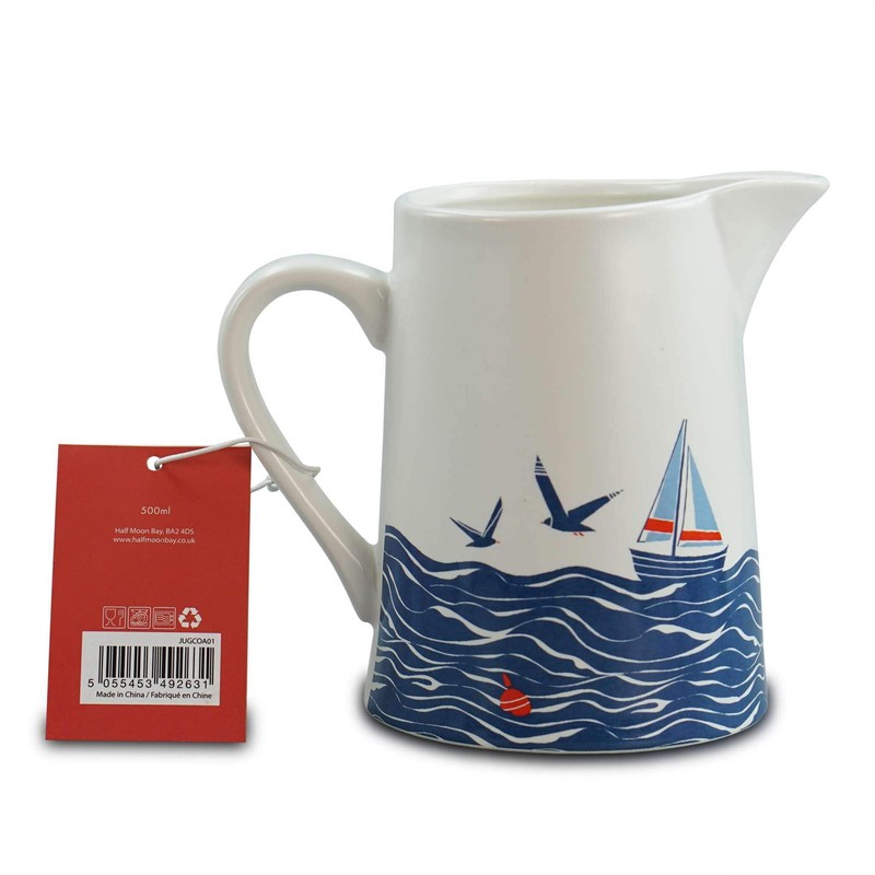 Half Moon Bay Sailboat Seagulls - Coastal Theme - Blue/White