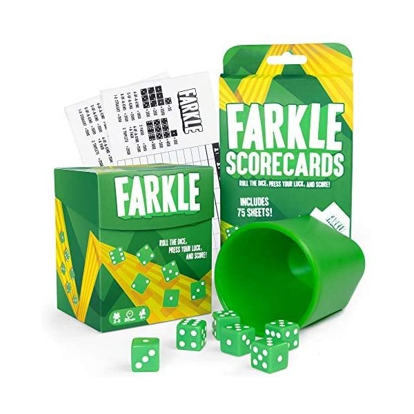 Farkle: The Family Dice Game Bundle | Farkle Game Set, 75 Additional Scorecards | Includes Dice Cup, Set of 6 Green Dice, Storage Box, 100 Scorecards