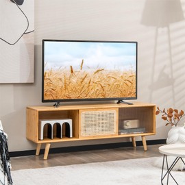 Julimoon Boho TV Stand for TVs up to 55”, Bamboo Media Console Table with Adjustable Shelf, Wood Legs, PE Rattan & Tempered Glass Sliding Door, Entertainment Center for Living Room, Bedroom