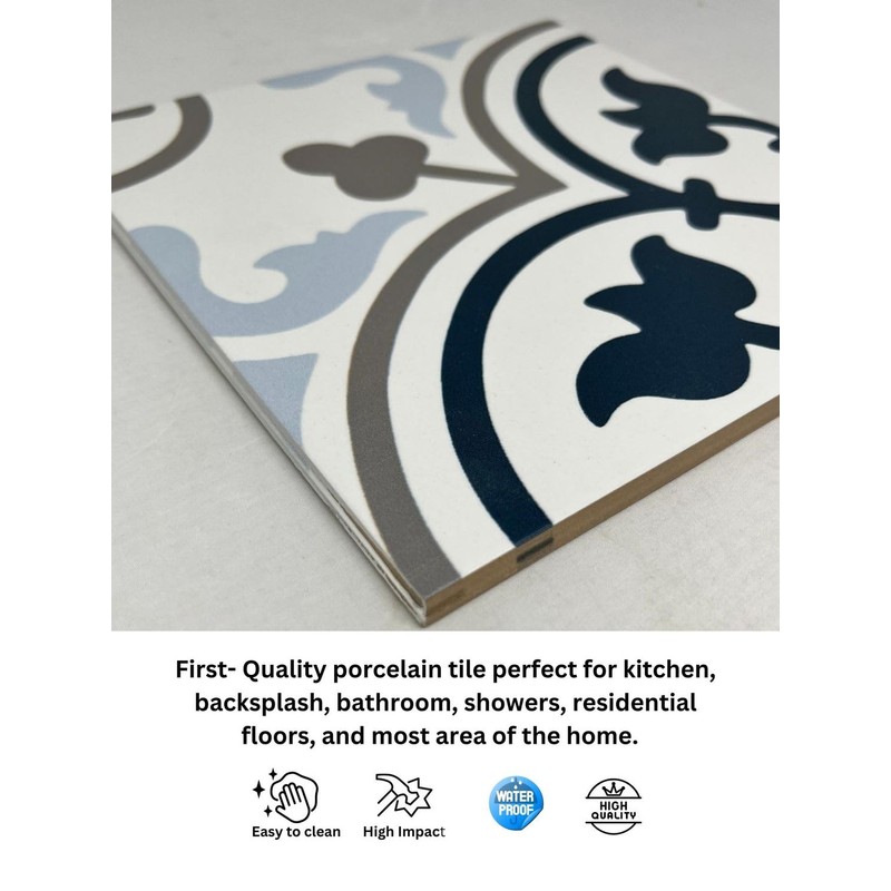 Tenedos Provenza Square 8x8 Gray White Blue Compact Porcelain Floor