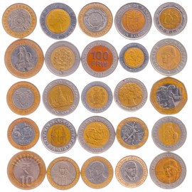 Bi-Metallic Replica Coin Collection - 30 Dual-Metal Novelty Coins - Mixed World Countries - Core and Ring