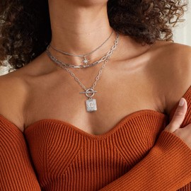 MJartoria Layered Initial Necklaces for Women Trendy, 14K Gold Plated Simple Star Choker Square Letter Pendant Necklace, Paperclip Chain Necklace, Gold Necklaces Jewelry Gifts (Silver, C)