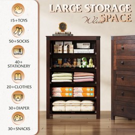 WLIVE Farmhouse 5 Drawer Dresser for Bedroom, Wood Dresser Storage Organizer, Tall Dresser with Double Rustic Handle, Chest of Drawers for Living Room, Hallway, Closet, Brown