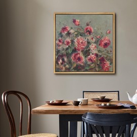 MUDECOR Framed Canvas Print Wall Art Impressionist Floral Bouquet Lush Pink Roses Illustrations Realism Decorative Scenic Panoramic Earth for Living Room, Bedroom, Office - 16"x16" Natural