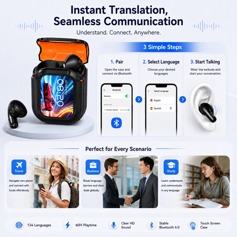 Wireless Translation Earbuds for Travel & Calls – Bluetooth AI