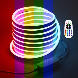 Samsion 5M RGB LED Neon Rope Lights 16.4FT Outdoor Waterproof Neon LED Strip Light AC 110V~130V Multi Color Dimmable Led Rope Lights with Remote Controller for Bedroom Game Room Building Decor