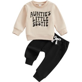 Toddler Infant Baby Boys Girls Fall Outfits Auntie’s Little Bestie Letters Print Sweatshirt Tops and Jogger Pants Set(Beige,12-18M)