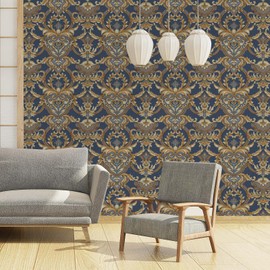 DacaiCloth Vintage Damask Peel and Stick Wallpaper, Purple and Gold, Self-Adhesive Removable, 44 cm x 300 cm