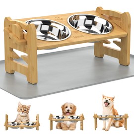 Jovrun Elevated Dog Bowls, Adjustable Raised Dog Bowl Stand for Small Size Dogs and Cats, Durable Bamboo Dogs Feeder with 2 Stainless Steel Bowls and Non-Slip Feet, Pet Food Bowl with Mat