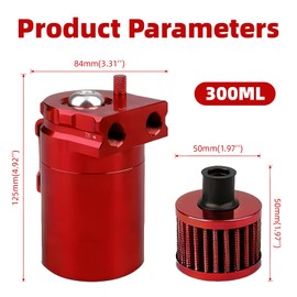 Oil Catch Can, Oil Container, 300 ml Aluminium Car Reservoir Tank, Universal Car Tank Tank Kit, with Air Filter, Hose and Other Accessories (Red)