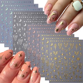 12 Sheets Star Nail Stickers for Nail Art Gold Moon Star Nail Art Stickers Decals 3D Self Adhesive Aurora Nail Decals Silver Star Nail Art Design Decoration Accessories for Women