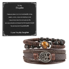HZMAN To My Daughter, Genuine Leather Tree of life Bracelets for Men Women Natural Stone Tiger Eye Lava Rock Beads Bracelet Father's Day Birthday Christmas Gift (Brown)