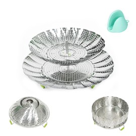 ICECIE 2-Layer Stainless Steel Steamer Basket - Collapsible & Expandable for Vegetables, Seafood & Broccoli - Universal Fit Pots & Instant Pot