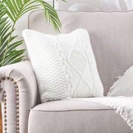 Mandioo Cotton Knitted White Cushion Covers 45cm x 45cm 18x18 Inch Decorative Square Soft Cozy Outdoor Throw Pillow Cases Luxury Modern Pillowcases for Couch Sofa Bed Livingroom