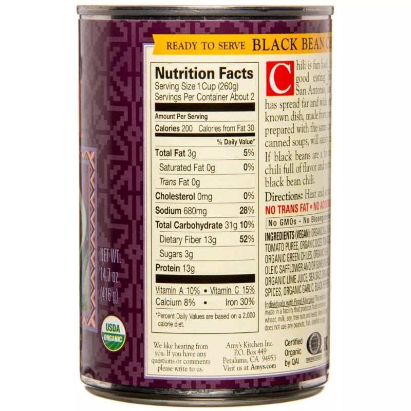 Amy's Amy s Organic Low Fat Medium Chili Black Bean