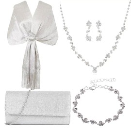 SAISISAIKER 4-Piece Bridal Accessories Set, Silver Crystal Jewelry Collection with Clutch Purse, Necklace, Earrings, Wedding Evening Formal Wear women Jewelry set