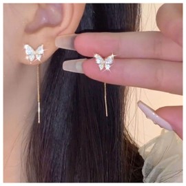 Cybche Rhinestone Butterfly Threader Earrings Gold Crystal Butterfly Earrings Long Tassel Pull Through Chain Earrings Pave CZ Butterfly Threader Dangle Drop Earrings Jewellery for Women, Zinc
