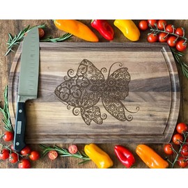 Patterned Butterfly Walnut Cutting Board, 16.75x10 in: Nature-Inspired, Ideal for Butterfly Lovers, Spring Themed Kitchens.