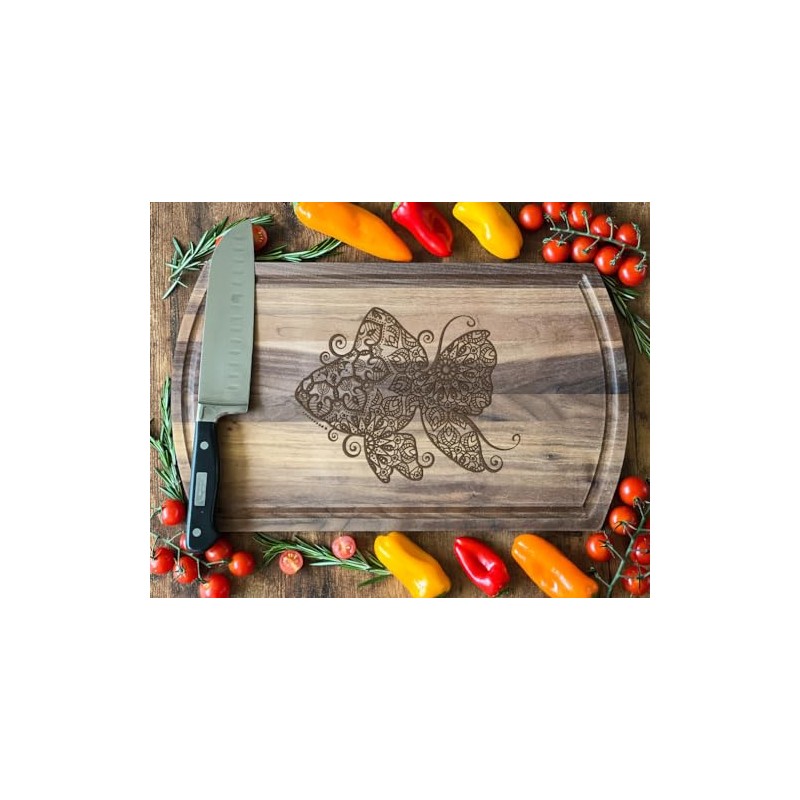 Patterned Butterfly Walnut Cutting Board, 16.75x10 in: Nature-Inspired, Ideal for
