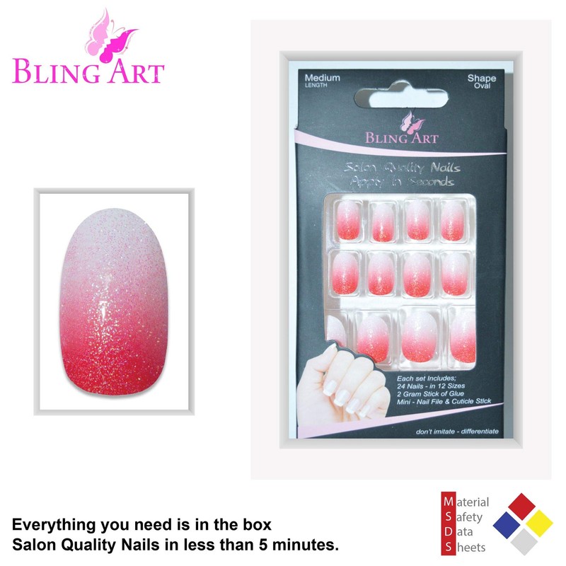 False Nails Bling Art Red Gel Ombre Oval 24 False