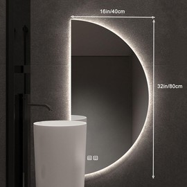 Half Moon LED Bathroom Mirror, Semi Circle Wall Mirror with Anti-Fog, Half Circle Frameless Mirror with Dimmable Brightness & Time Display for Bedroom, Living Room, Cloakroom, Entryway