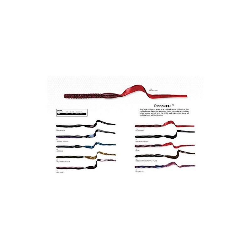 Yum Lures Ribbontail Worm Curly-Tail Swim-Bait Bass Fishing Lure, Black/Blue