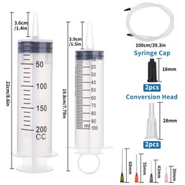 Aotfusd Pack of 2 Syringe 100 + 200 ml, Syringe with Hose and Blunt Needles, Oil Syringe, Dosing Syringe, Measuring Liquids, Plant Watering, Animal Feeding, Scientific Laboratories (160, g)