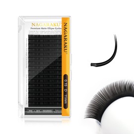NAGARAKU Ellipse Flat Eyelash Extension with Double Tip Shape, Professional Sturdy Curl, Individual Natural, Single Volume Eyelashes, Split Tip, Matte Black, 16 Rows (0.15 D 11 mm)