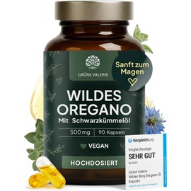 Green Valerie Oregano Oil Capsules [High Dose] - Duo Complex with Black Cumin Oil 90 Pieces - 82% Carvacrol Wild Mountain Oregano Oil - 500mg Capsules Vegan & Enteric Juice Resistant - Laboratory Tested & No Additives