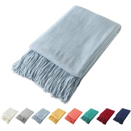 Homiest Decorative Knitted Throw Blanket with Fringe, Lightweight Blanket Acrylic Knit Blanket, Soft & Cozy Tassel Blanket for Couch Sofa Bed (Light Blue, 60 x 80 Inch)