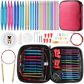 LOOEN 57pcs Aluminum Circular Knitting Needles Set with Ergonomic Handles,13 Size Interchangeable Crochet Needles with Storage Case for Small Project (Style 1)