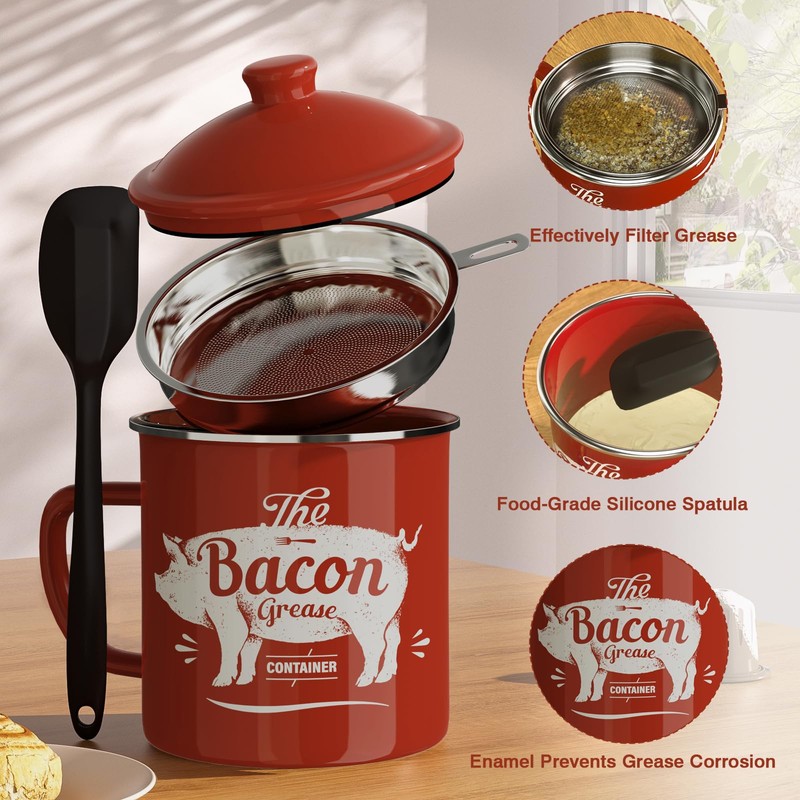 Bacon Grease Container With Strainer, 46OZ Large Enamel Grease Container,