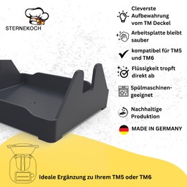 STERNEKOCH® Thermomix Lid Holder - TM5 and TM6 Lid Holder - Made in Germany - Ideal Thermomix Accessory TM6 - Finally Place Thermomix Lid Stress-Free - With Drip Tray (Anthracite)